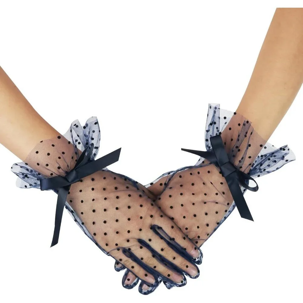 Women's Evening Beige Bow Short Lace Gloves Ruffles Wedding Party Accessories - Picture 2 of 7